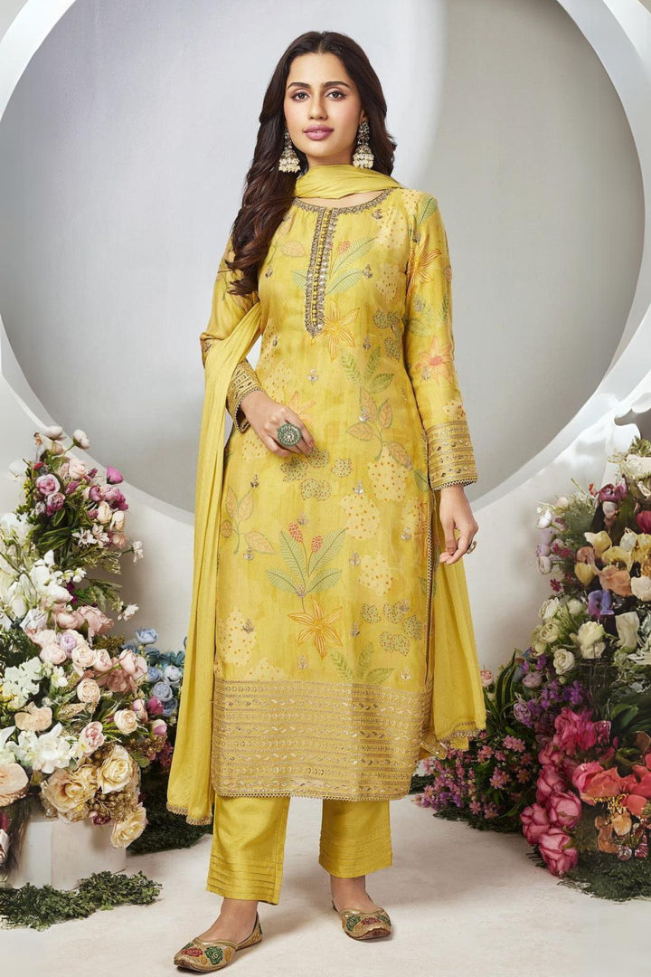 Yellow Zari, Sequins and Zardozi work with Digital Print Straight Cut Salwar Suit
