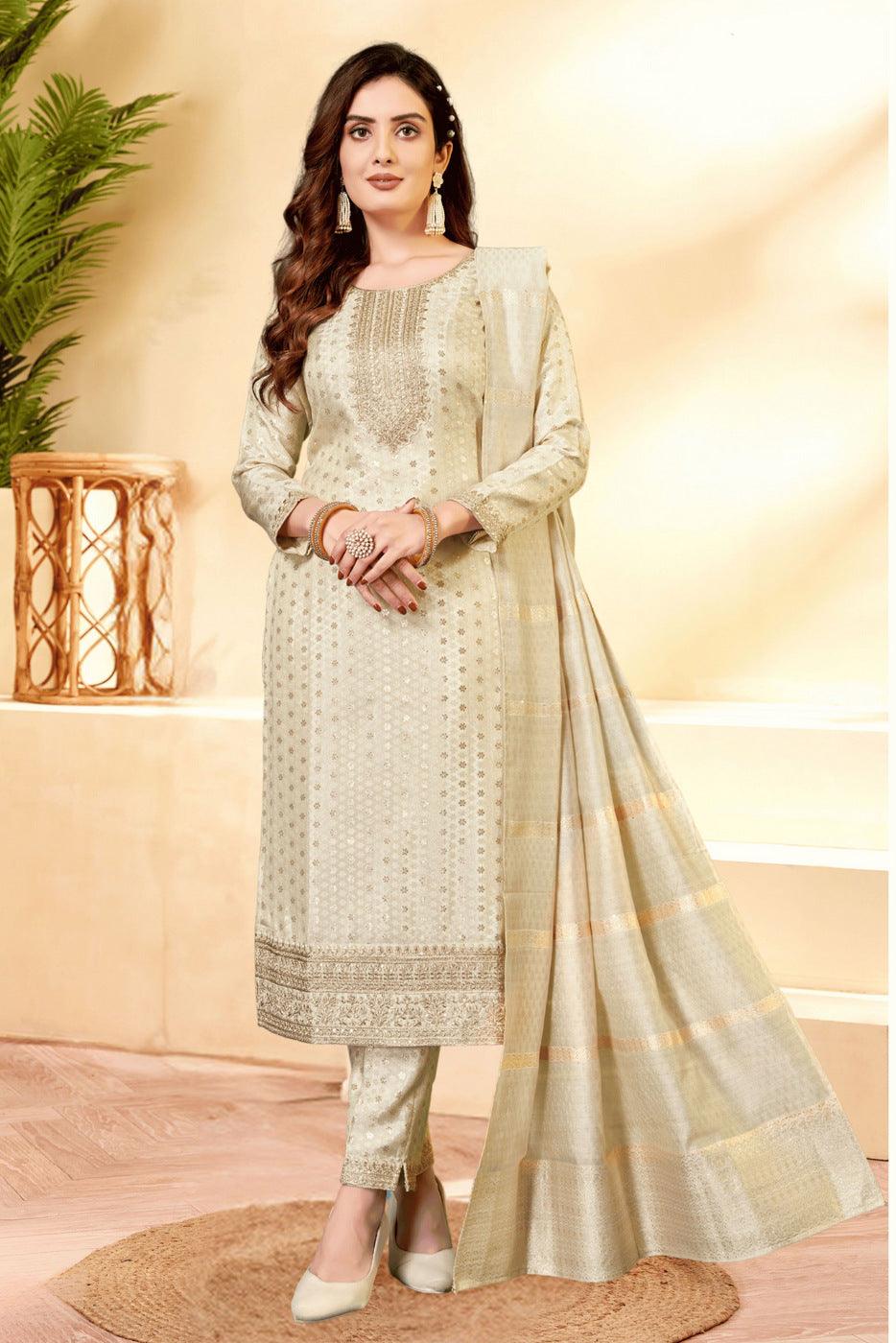 Cream Jacquard, Banaras, Sequins and Zari work Straight Cut Salwar Suit - Seasons Chennai