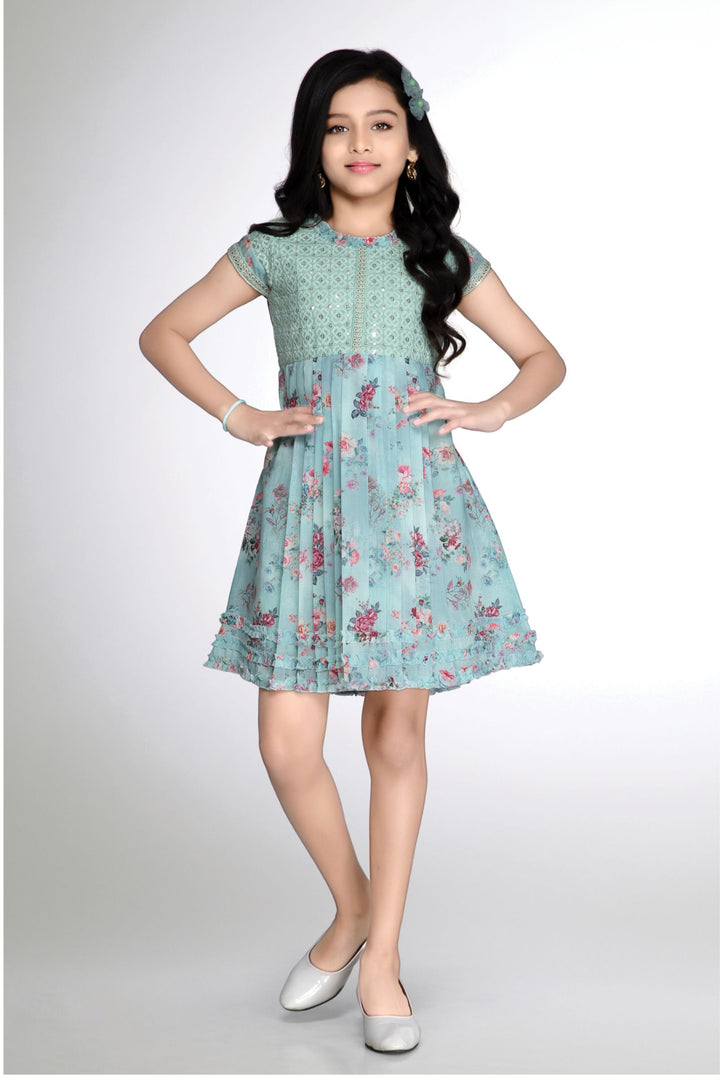 Pista Green Sequins and Thread work with Floral Print Knee Length Casual Frock for Girls