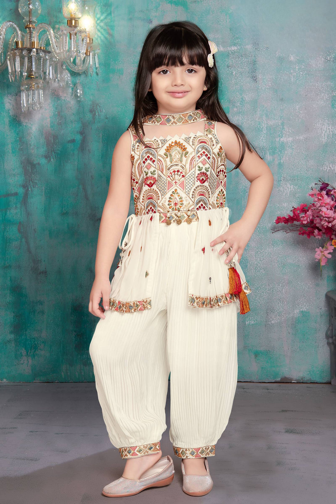 Cream Sequins and Multicolor Thread work Peplum Top and Afghani Set for Girls