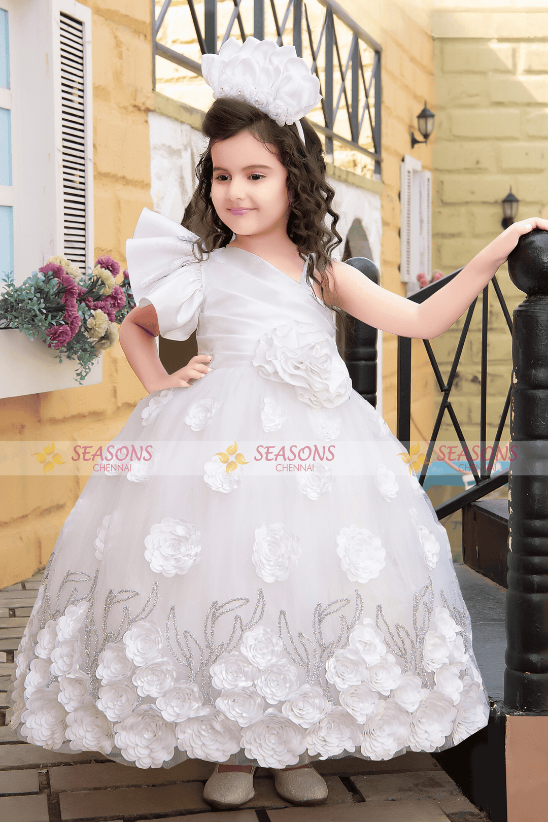 White Satin with Netted Long Party Frock for Girls - Seasons Chennai
