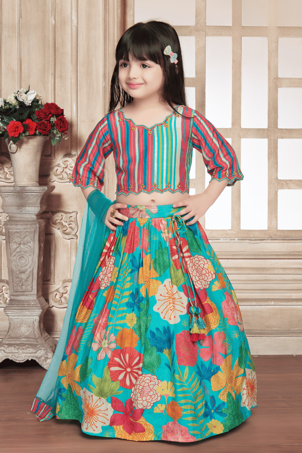 Rama Blue with Multicolor Digital Print Lehenga Choli for Girls