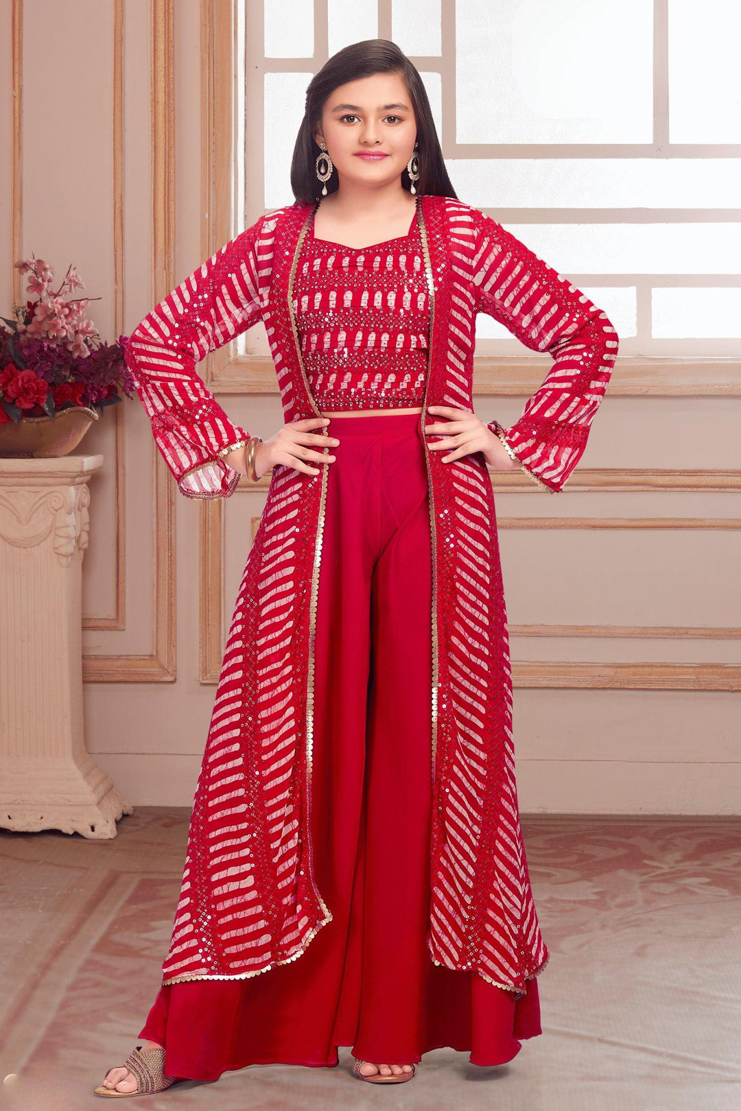 Rani Pink Printed, Sequins, Stone and Thread work Long Overcoat with Choli and Palazzo Set For Girls - Seasons Chennai