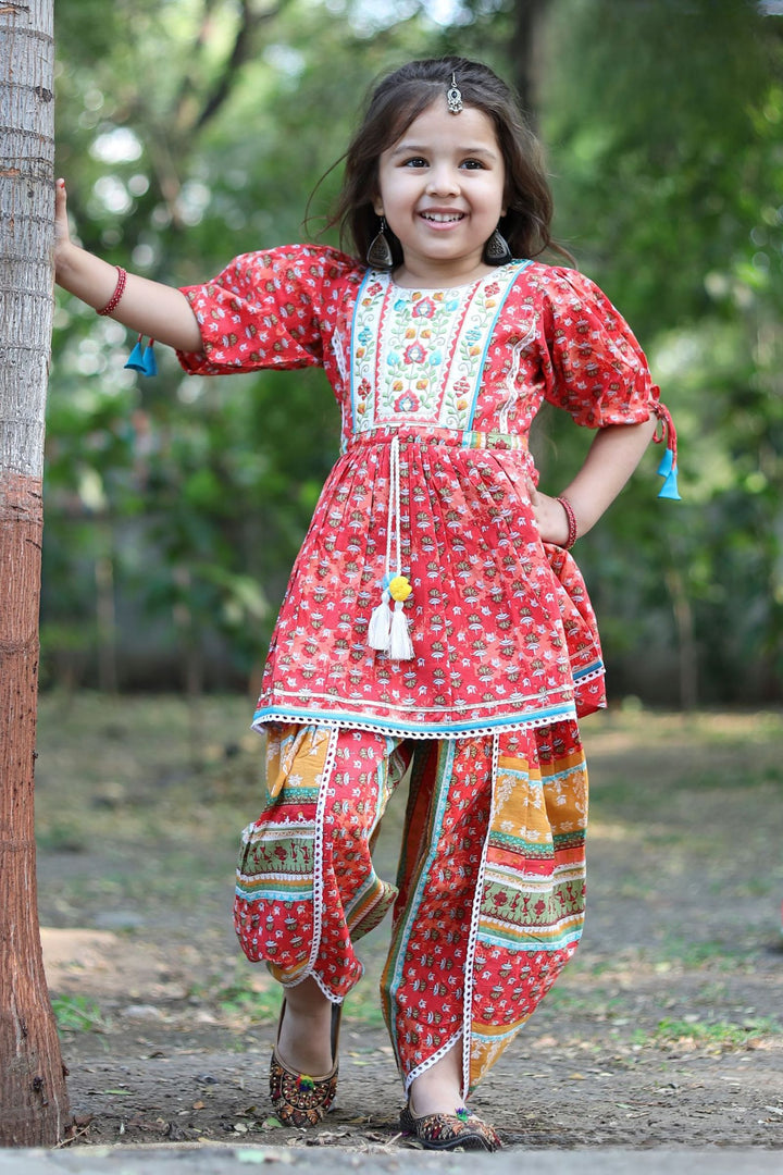 Red with Multicolor Digital Print and Mirror work Dhoti Style Peplum Kurti for Girls