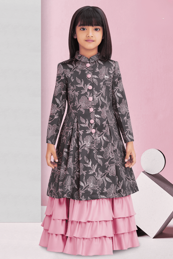 Grey with Onion Pink Foil Print Overcoat Styled Long Gown For Girls - Seasons Chennai