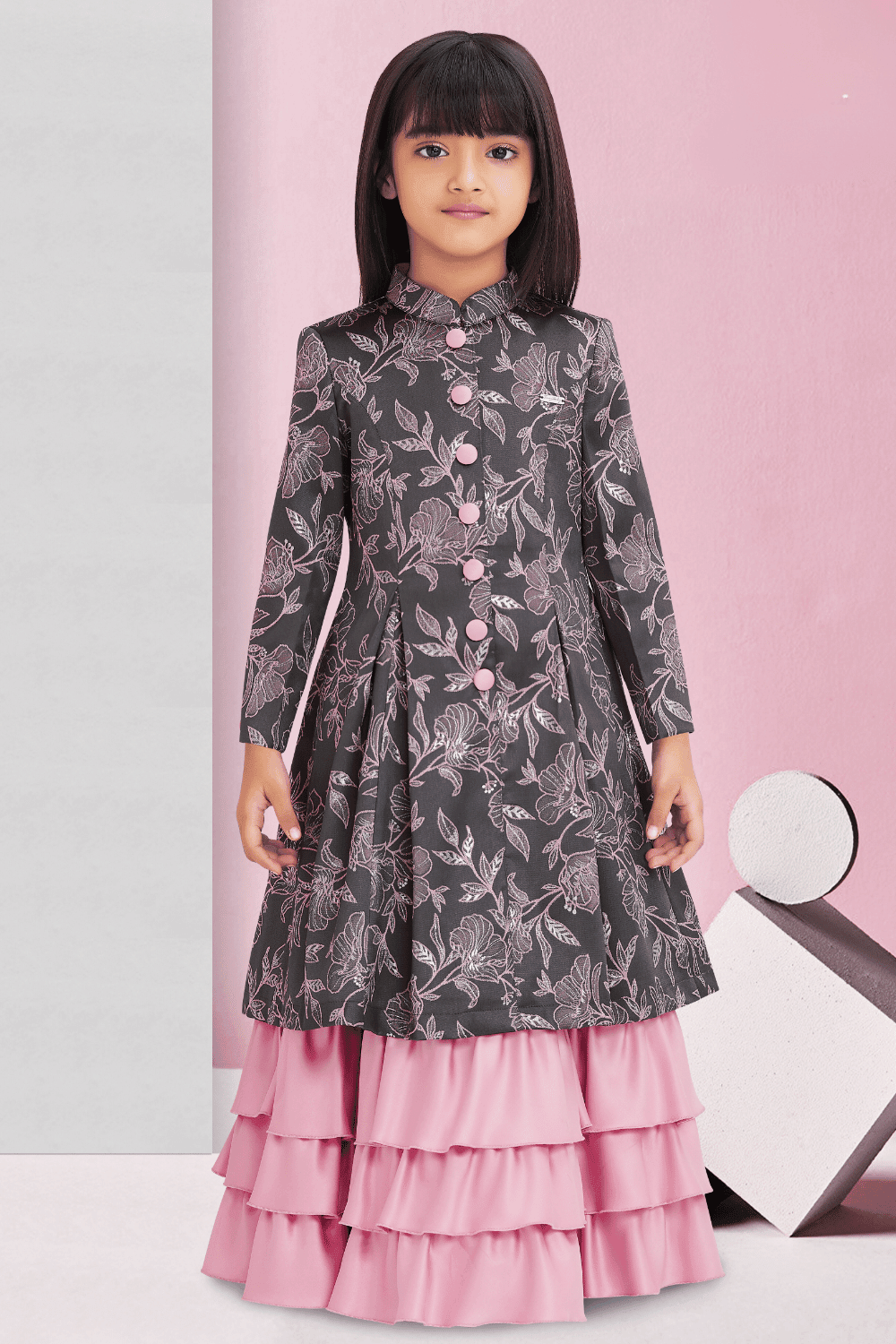 Grey with Onion Pink Foil Print Overcoat Styled Long Gown For Girls - Seasons Chennai