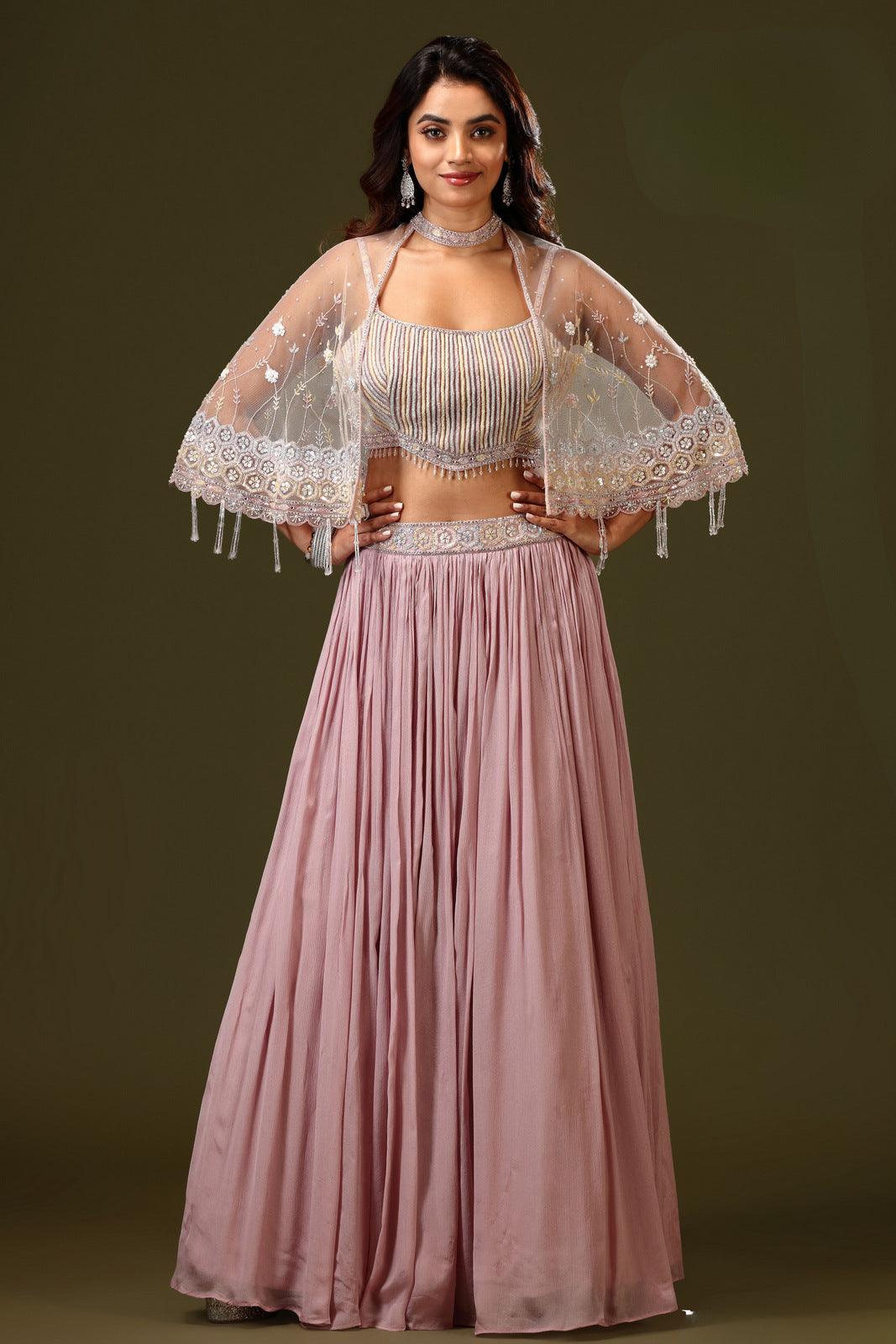 Onion Pink with Poncho Sequins and Beads work Indo-Western Styled Crop Top Lehenga - Seasons Chennai