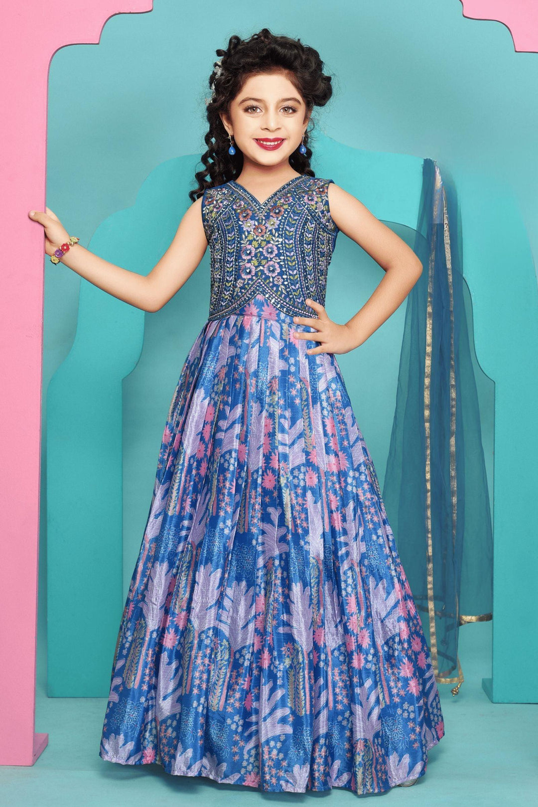 Blue Multicolor Embroidery, Zari, Stone and Mirror work with Digital Print Lehenga Choli for Girls - Seasons Chennai