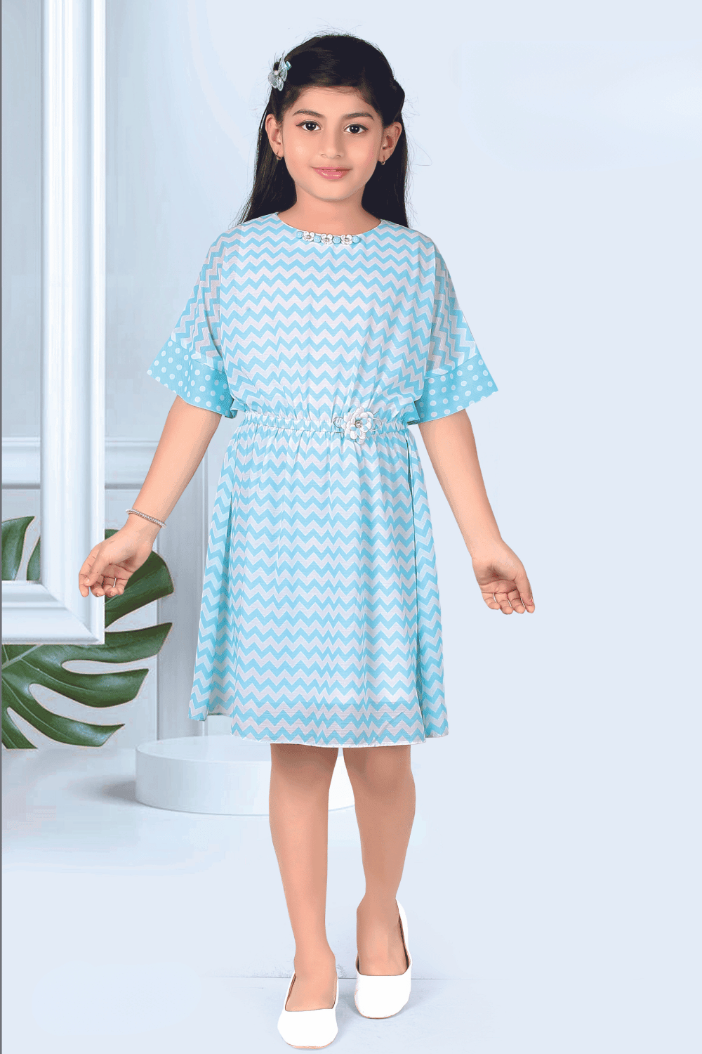 Sky Blue with White Leheriya Print Poncho Styled Short Frock For Girls - Seasons Chennai