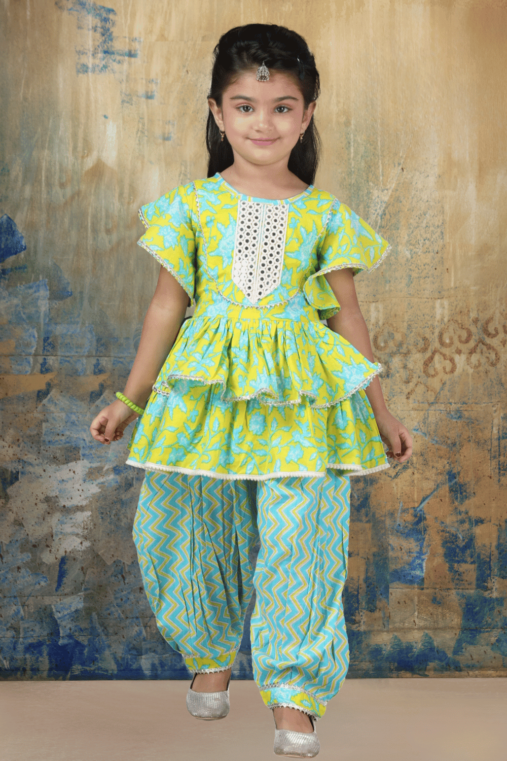 Lemon Yellow With Blue Printed Peplum Style Palazzo Suit Set For Girls lemon-yellow-with-blue-printed-peplum-style-palazzo-suit-set-for-girls