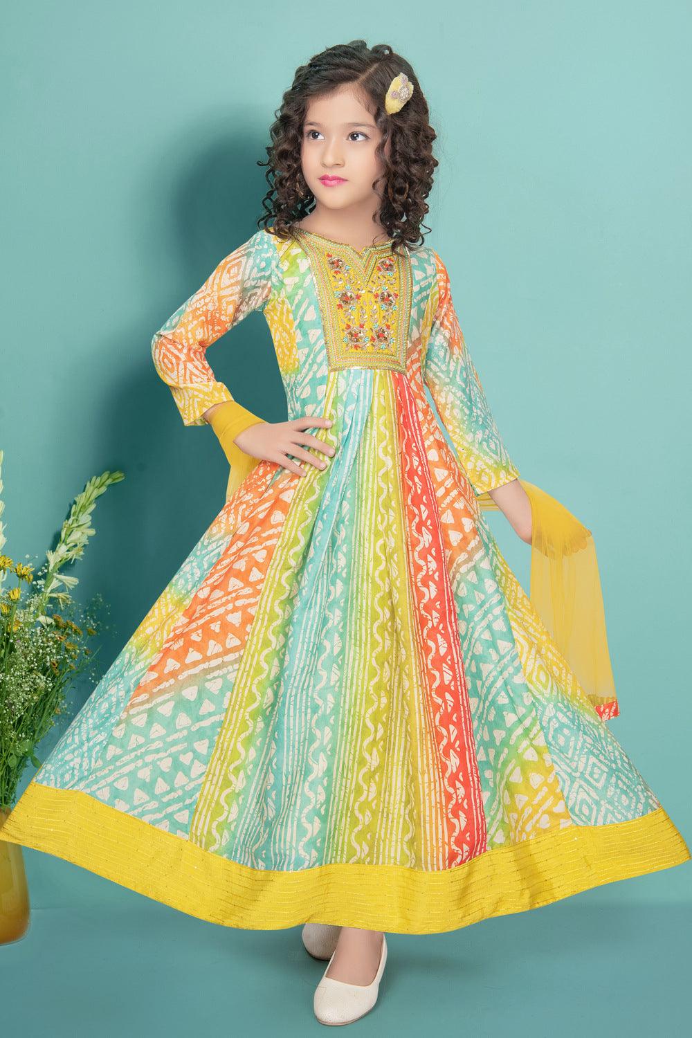 Multicolor Digital Print, Zardozi, Sequins, Pearl and Thread work Long Party Gown for Girls - Seasons Chennai