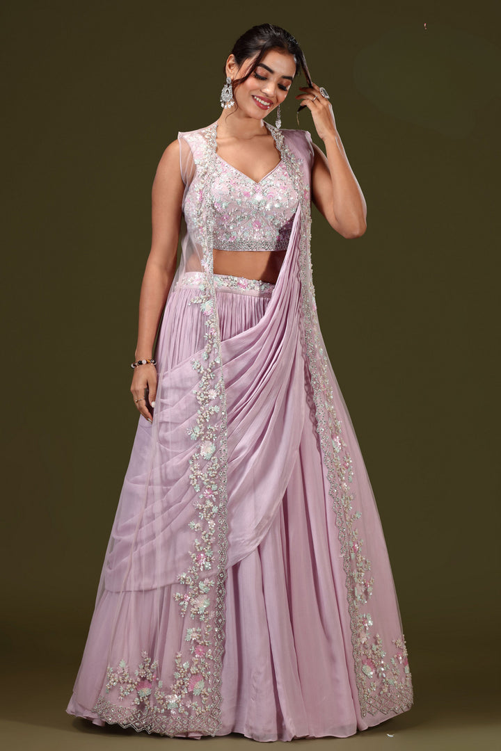 Lilac Sequins, Stone and Pearl work Indo-Western Styled Crop Top Lehenga  with Overcoat