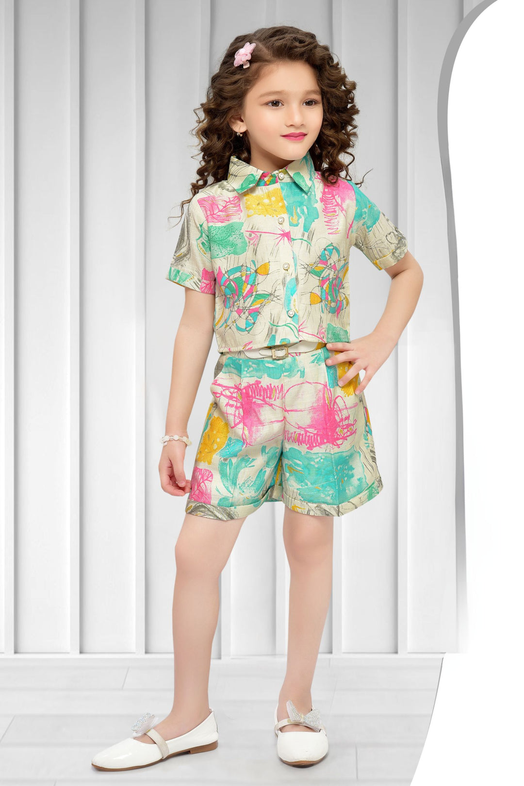 Cream with Multicolor Printed Top and Shorts For Girls