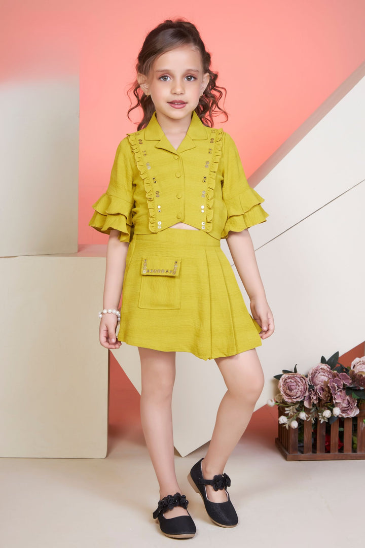 Mehendi Green Top and Divider Skirt for Girls