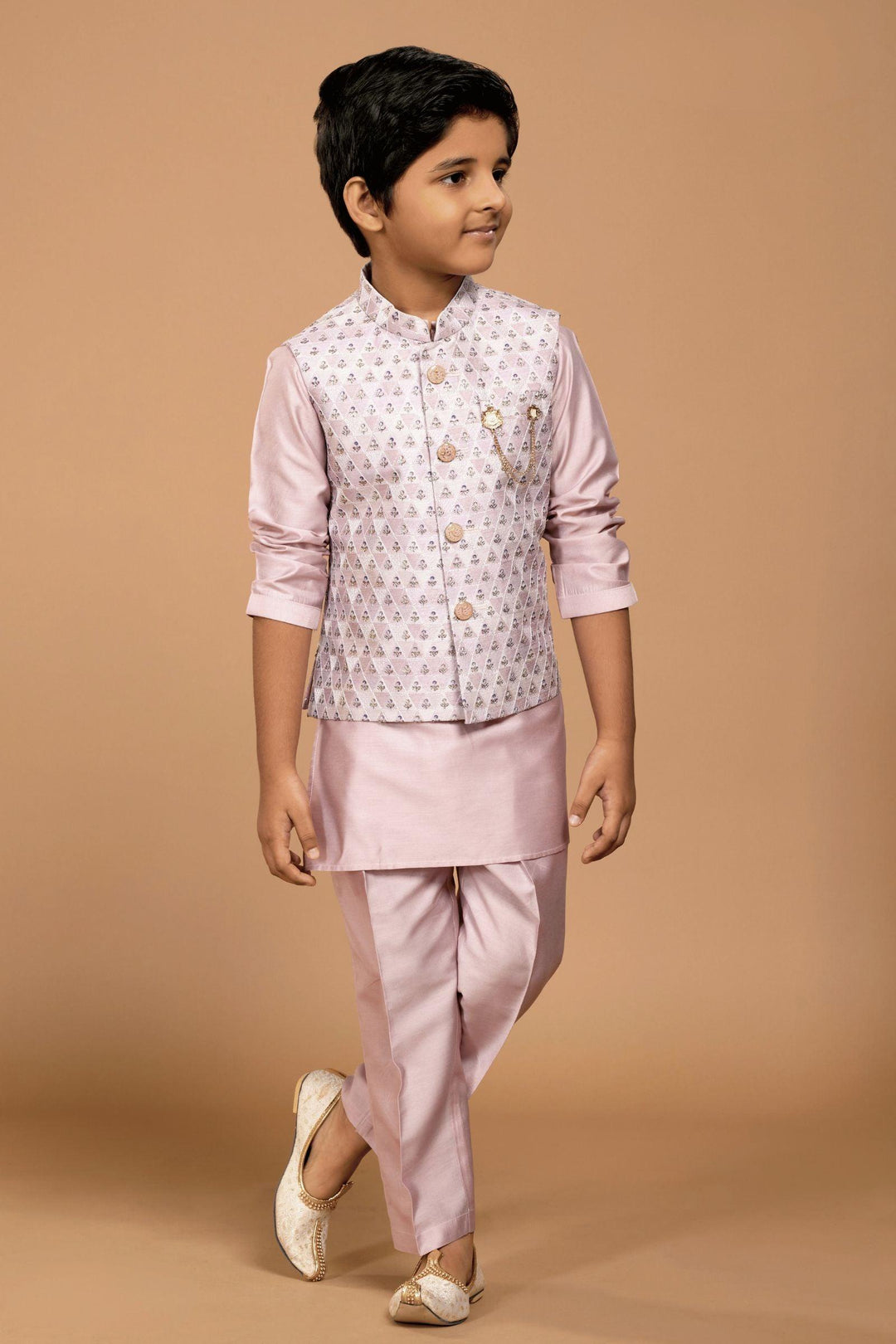 Light Pink Sequins and Thread work Waist Coat Kurta Set for Boys - Seasons Chennai