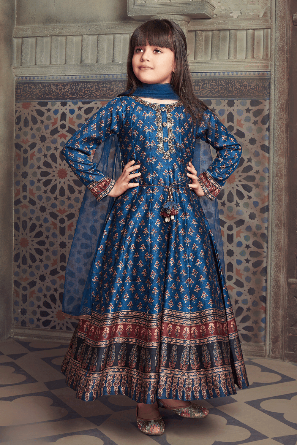 Teal Blue Digital Print, Sequins, Beads and Zardozi work Anarkali Style Salwar Suit for Girls - Seasons Chennai