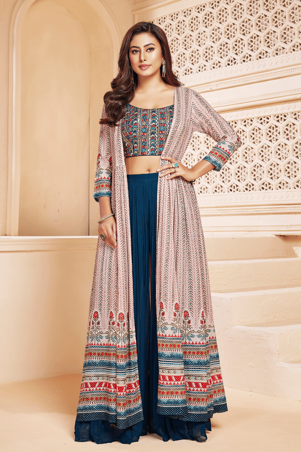 Peacock Blue with Light Pink Mirror, Thread and Sequins work Long Over Coat Crop Top Palazzo Set - Seasons Chennai