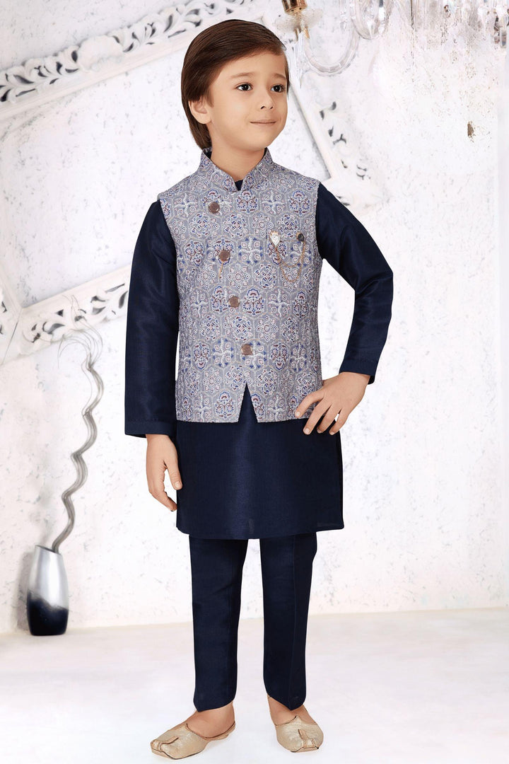 Navy Blue with Grey Prints and Sequins work Waist Coat Kurta Set for Boys - Seasons Chennai