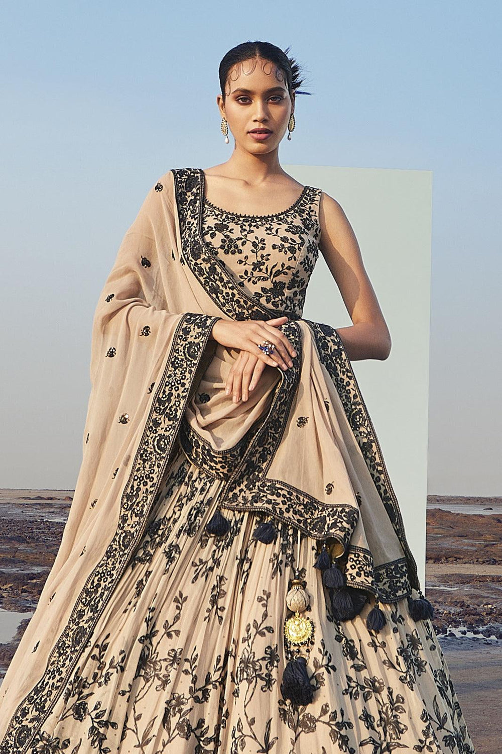 Beige with Navy Blue Embroidery, Sequins and Thread work with Digital Print Crop Top Lehenga - Seasons Chennai