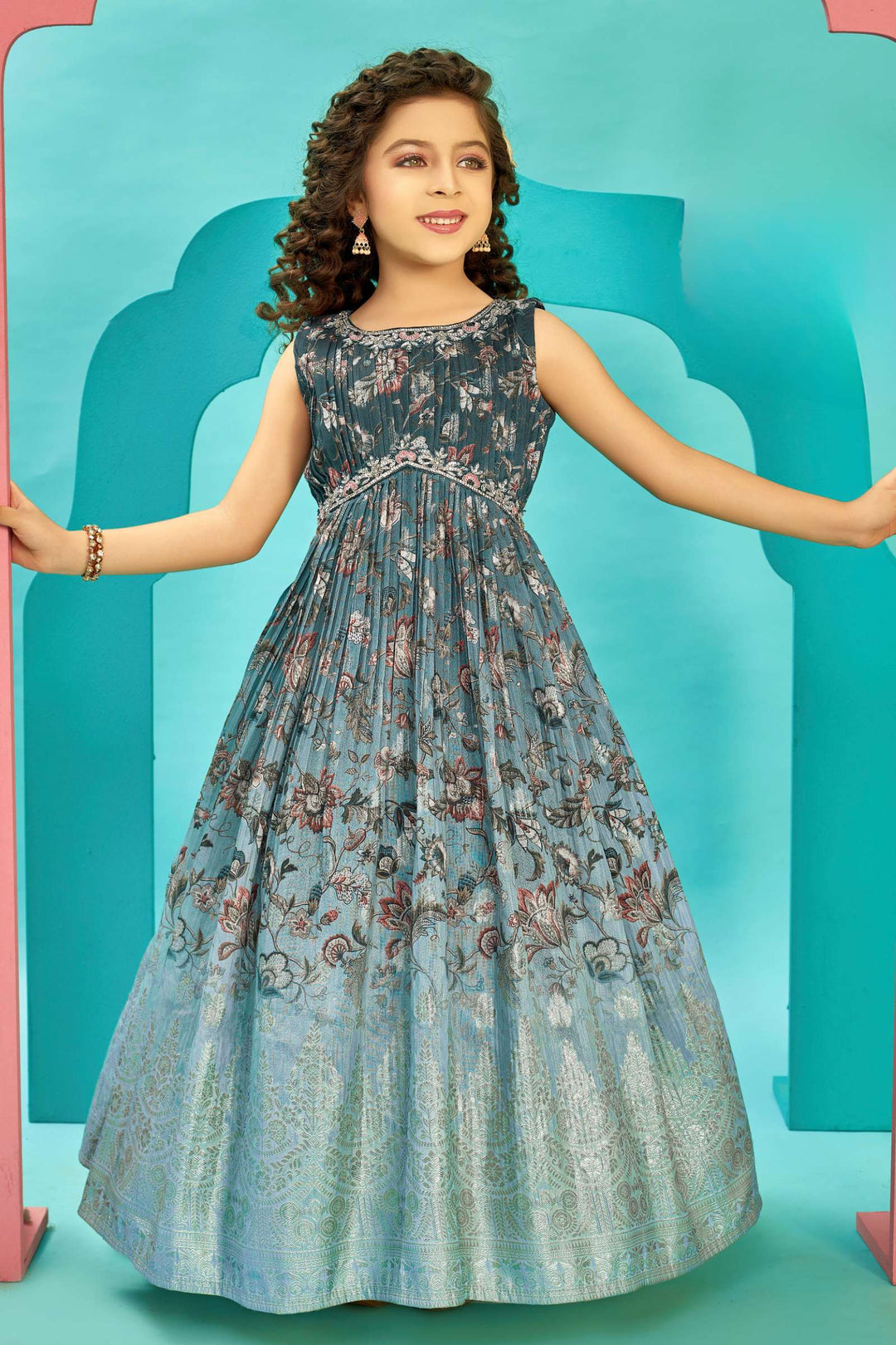 Grey with Blue Banaras and Stone work with Digital Print Long Party Gown for Girls