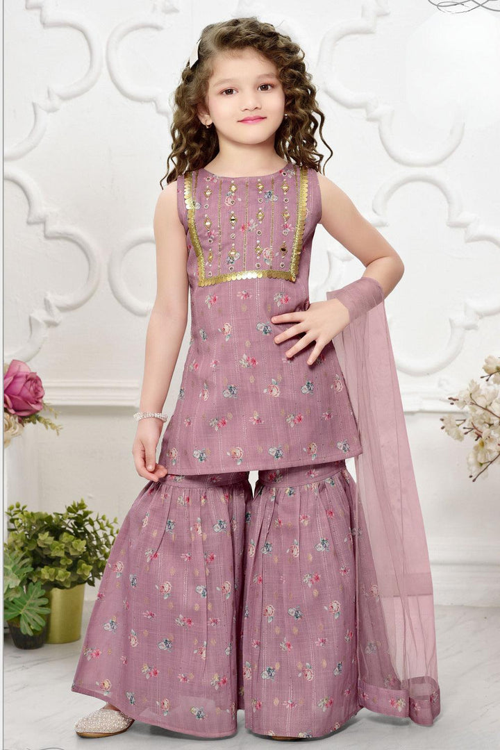 Onion Pink Mirror, Sequins and Zari work with Floral Print Sharara Suit Set for Girls - Seasons Chennai