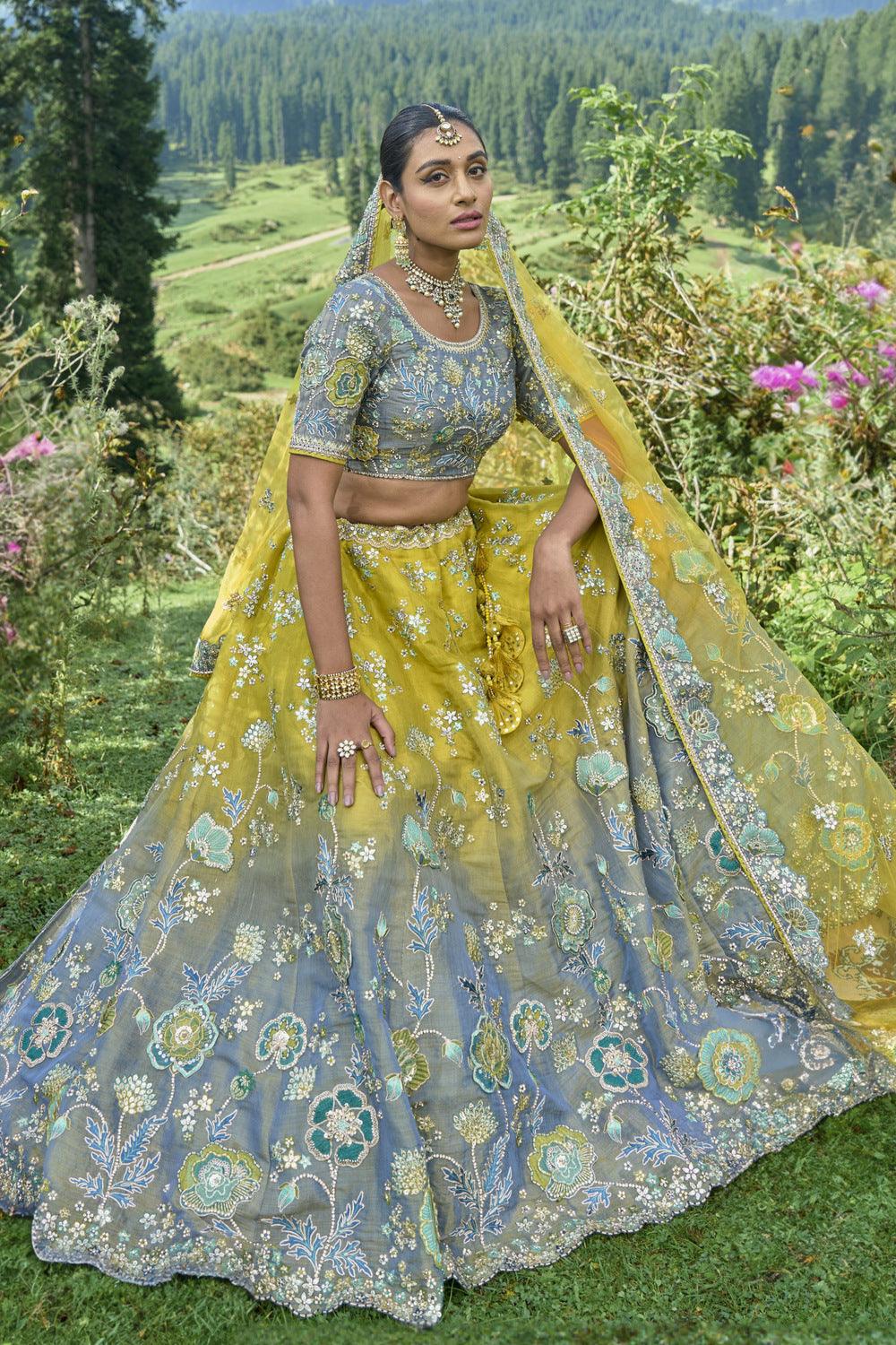 Green with Grey Stone, Thread and Zari work Semi Stitched Bridal Lehenga - Seasons Chennai