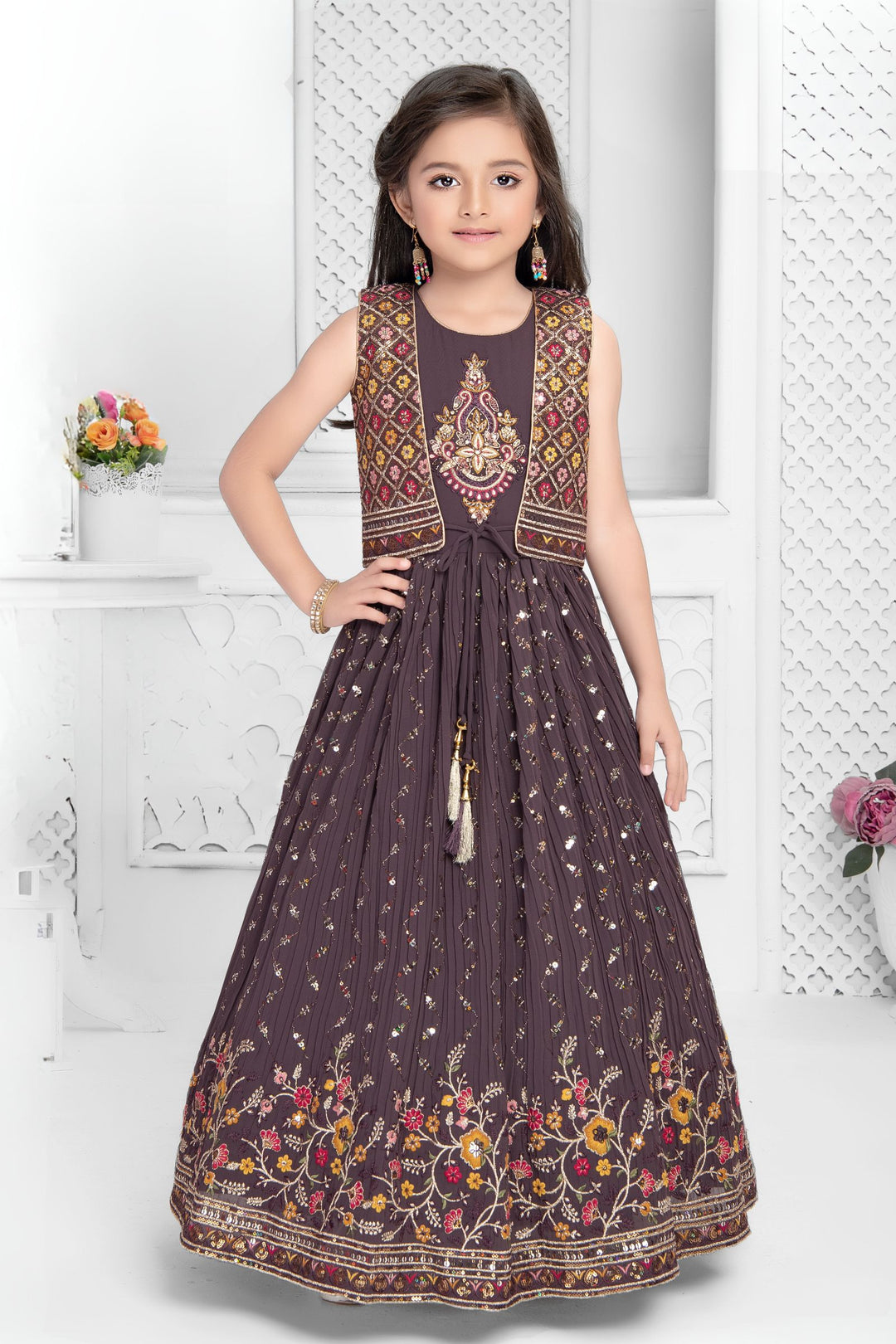 Lilac Multicolor Embroidery, Sequins and Zari work Jacket Styled Long Party Gown for Girls