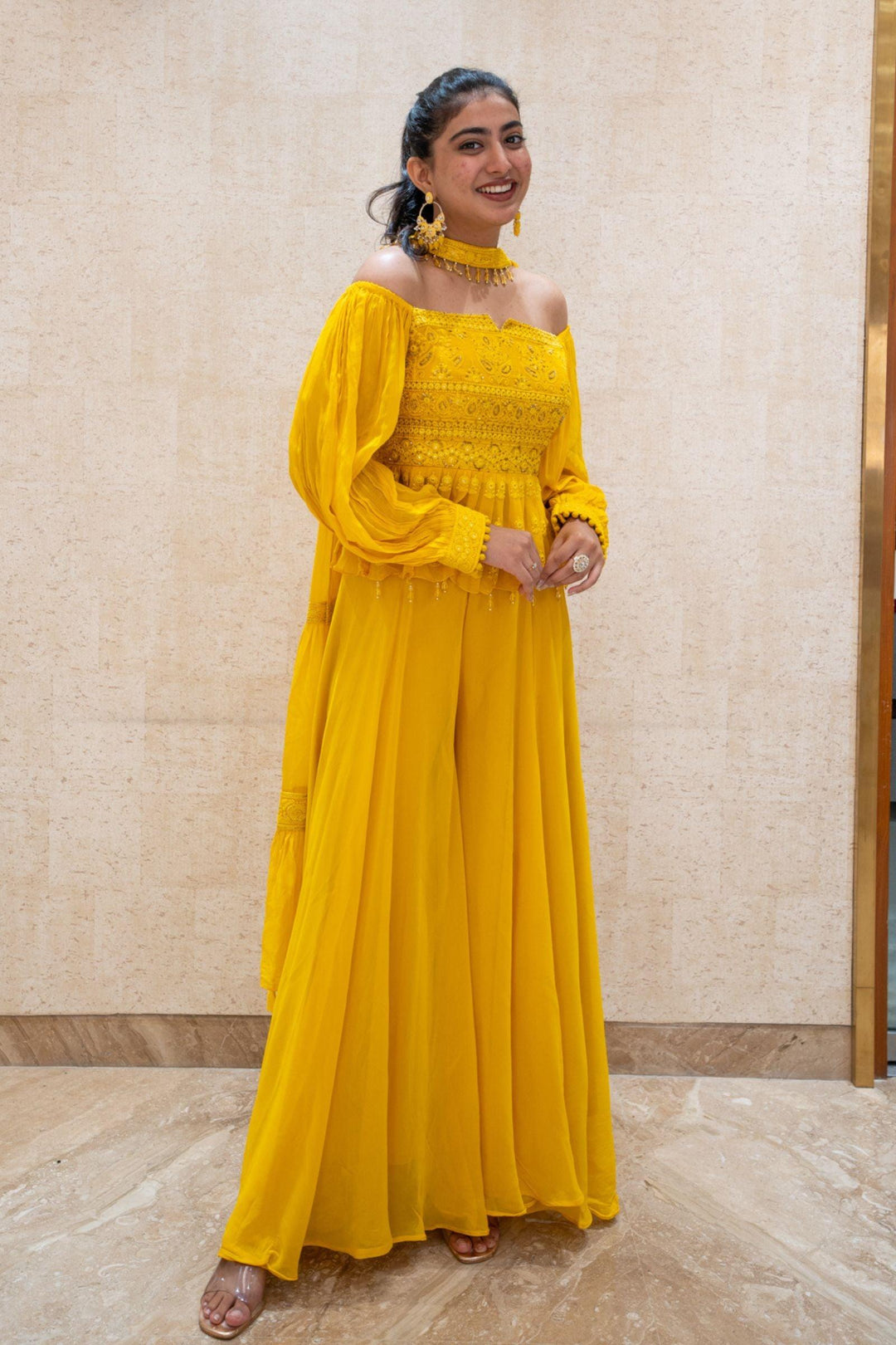Yellow Lucknowi Thread and Beads work Peplum Top with Palazzo Suit Set - Seasons Chennai