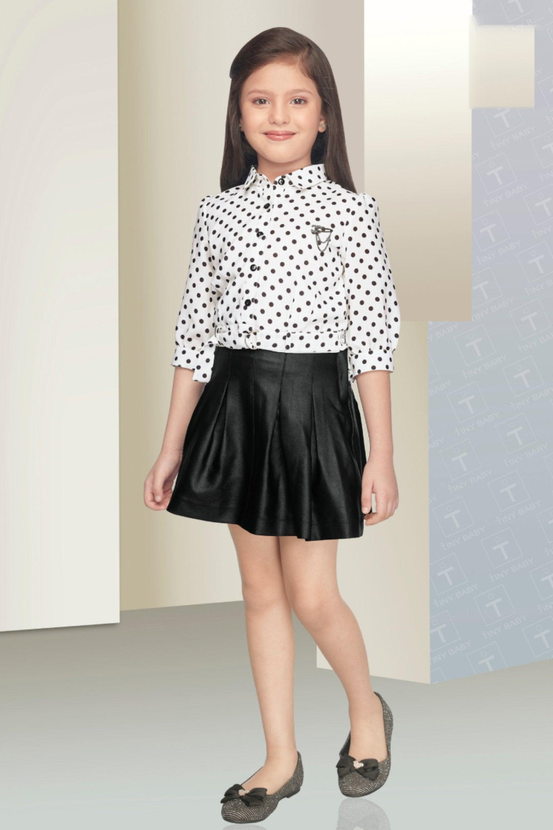 Half White with Black Dot Print Top and Divider Skirt for Girls - Seasons Chennai