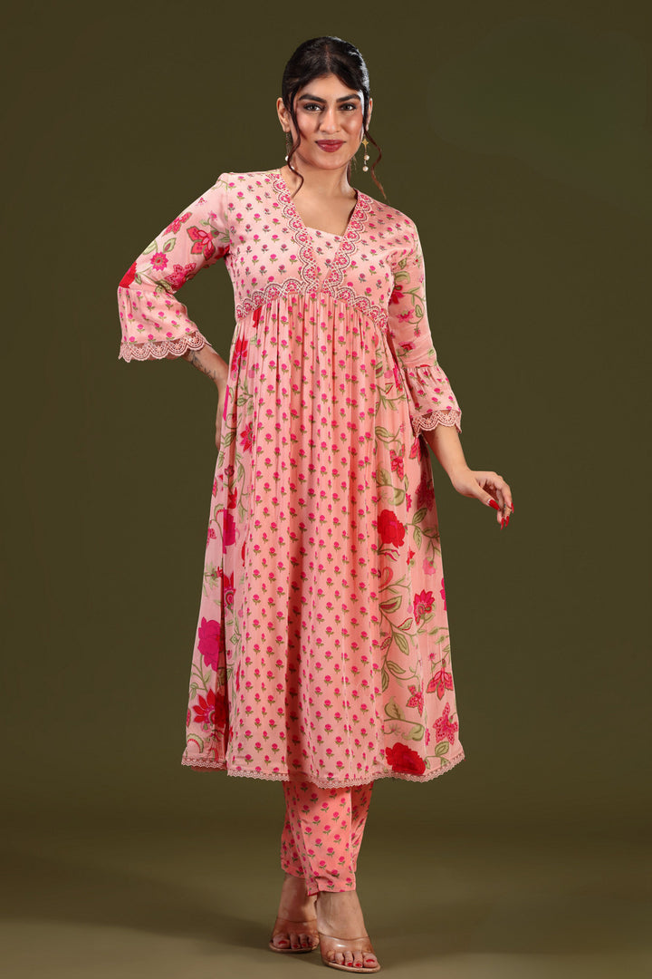 Peach Floral Print, Pearl and Thread work Salwar Suit with Straight Pants
