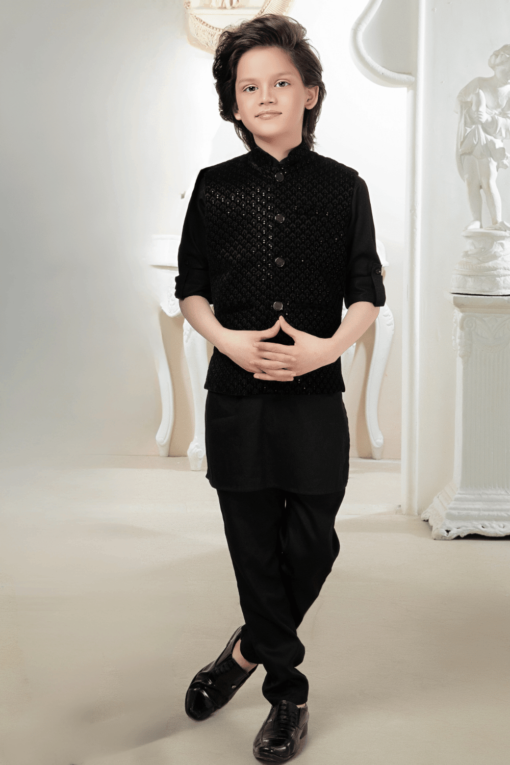Black Sequins and Thread work Waist Coat Kurta Set for Boys - Seasons Chennai