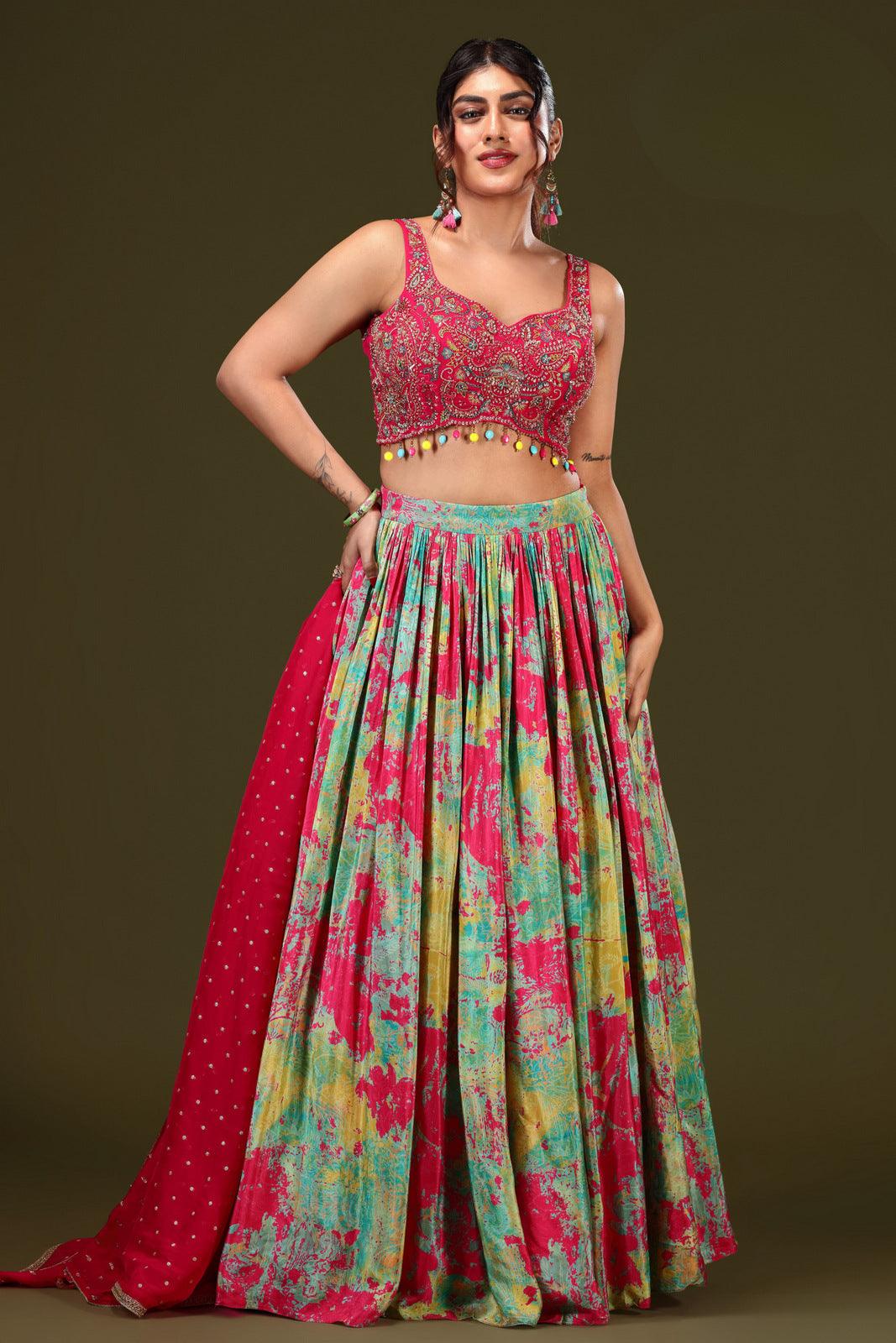 Rani Pink with Multicolor Digital Print, Sequins and Beads work Crop Top Lehenga - Seasons Chennai