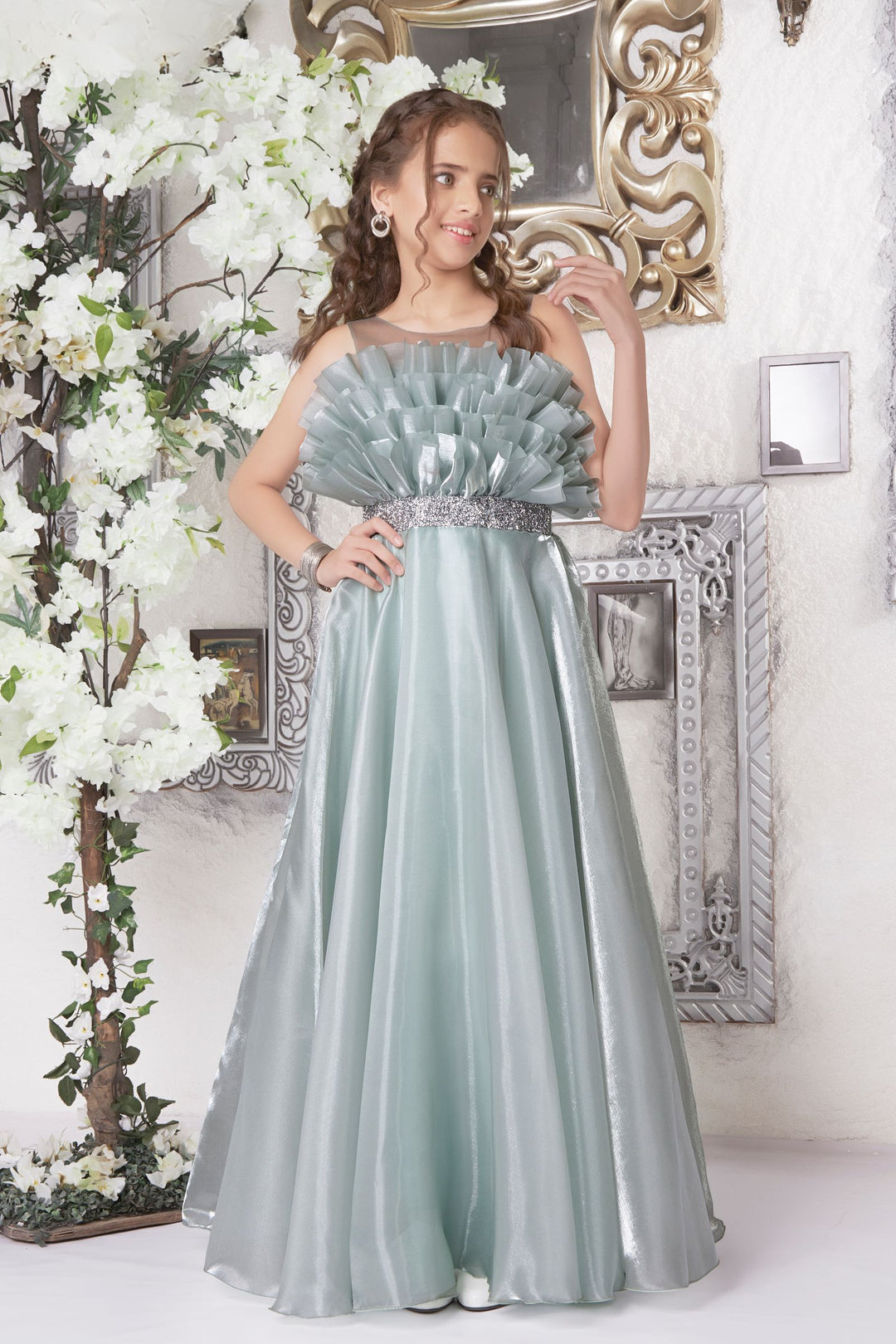 Light Pista Green Stone work Long Party Gown for Girls