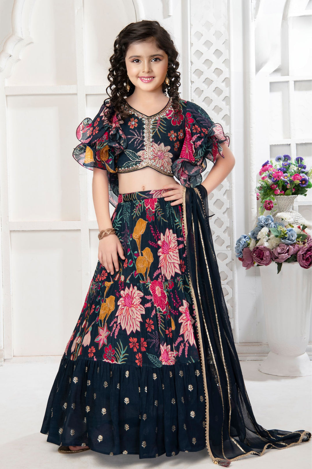 Navy Blue Beads and Sequins work with Floral Print Lehenga Choli for Girls