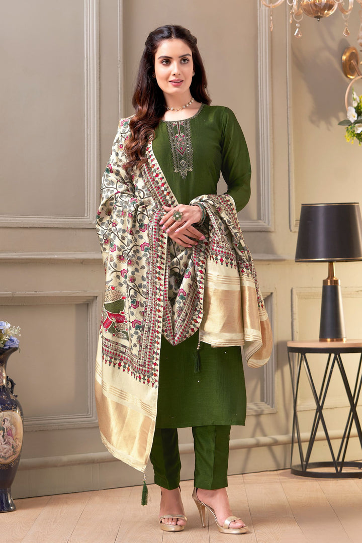 Leaf Green Beads, Zardozi and Zari work Straight Cut Salwar Suit with Digital Print Dupatta