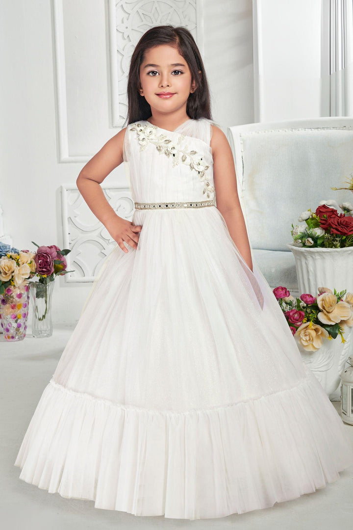 White Mirror, Pearl and Beads work Long Party Frock for Girls - Seasons Chennai