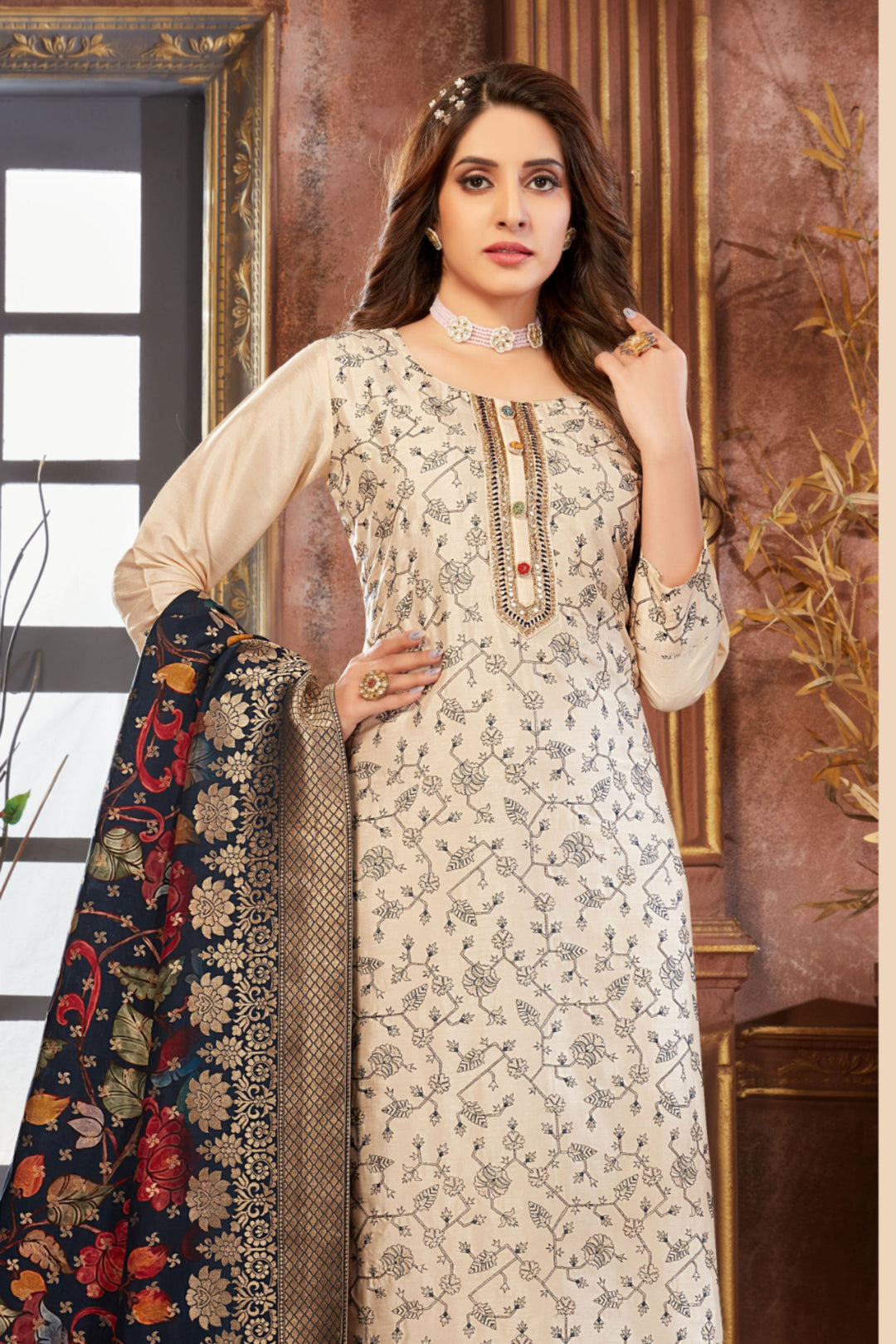 Cream Thread, Zari, Beads and Sequins work Straight Cut Salwar Suit with Banaras work Dupatta