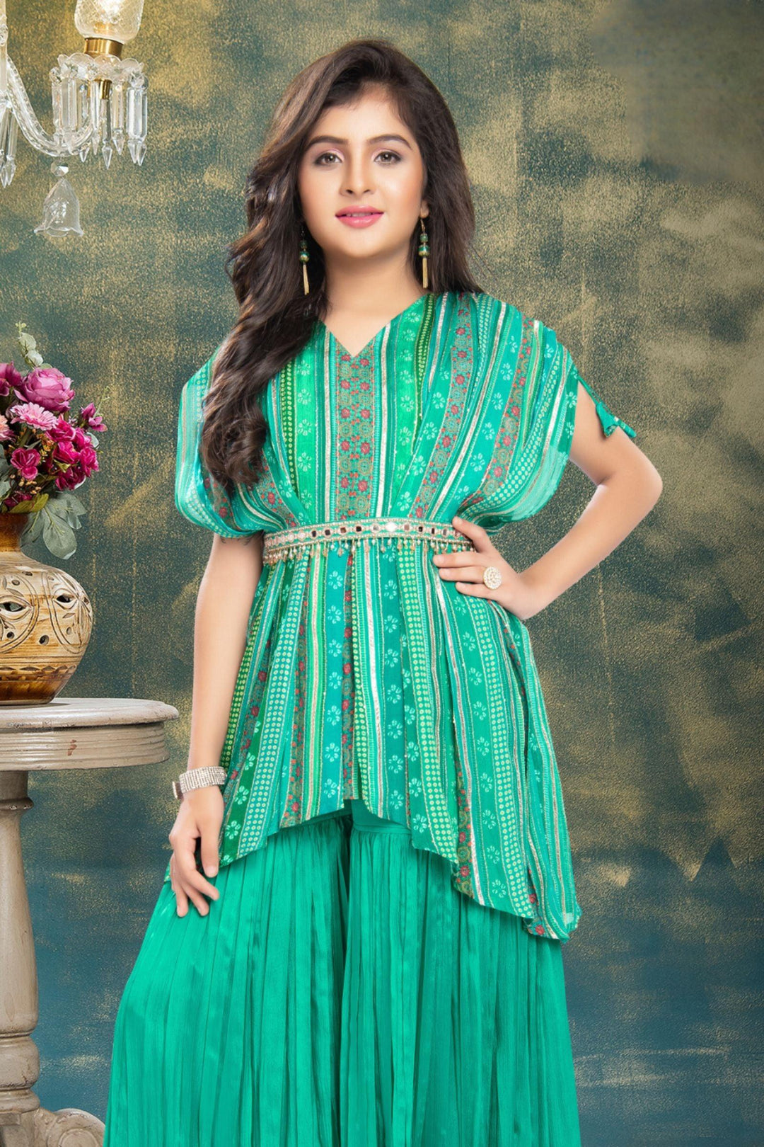 Rama Green with Bandini Print Poncho Styled Peplum Top and Palazzo Set for Girls - Seasons Chennai