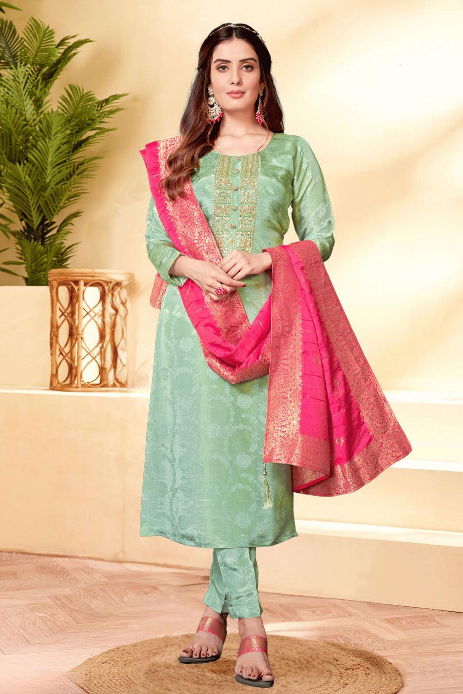 Green Jacquard, Zardozi, Thread, Sequins and Beads work Straight Cut Salwar Suit - Seasons Chennai