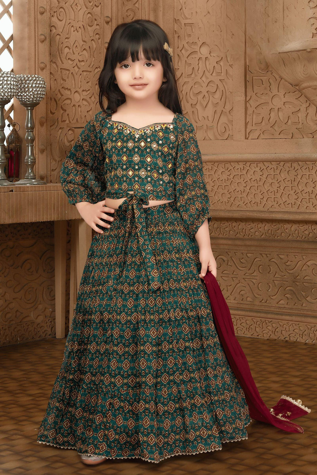 Green Sequins and Mirror work with Digital Print Lehenga Choli for Girls - Seasons Chennai
