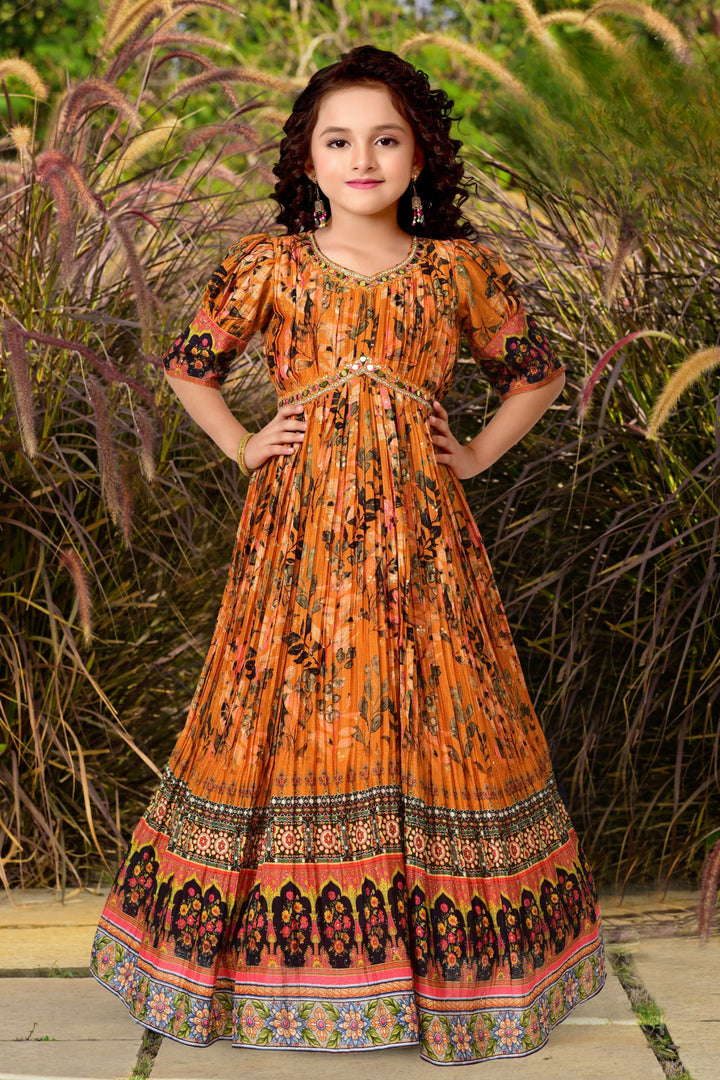 Yellow Stone, Mirror and Sequins work with Digital Print Long Party Gown for Girls