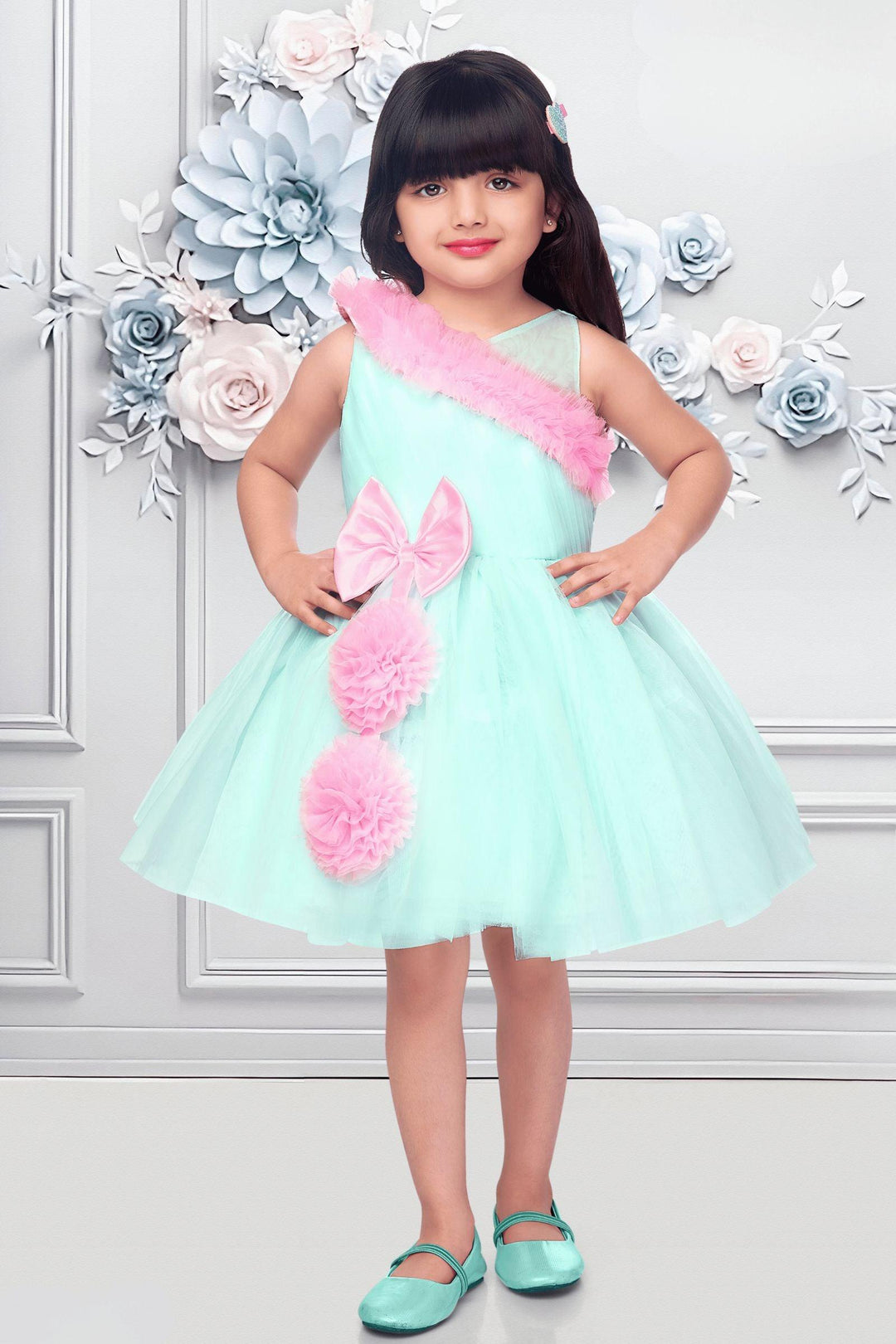 Sea Green with Pink Netted Short Frock for Girls - Seasons Chennai