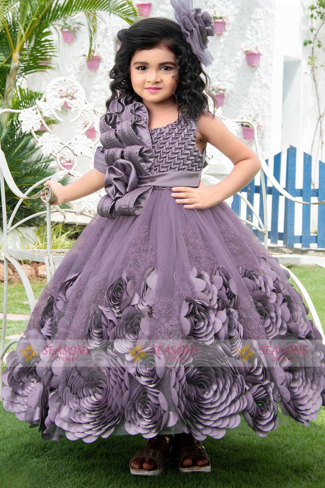 Lilac Satin with Netted and Glitter work Long Party Frock for Girls - Seasons Chennai