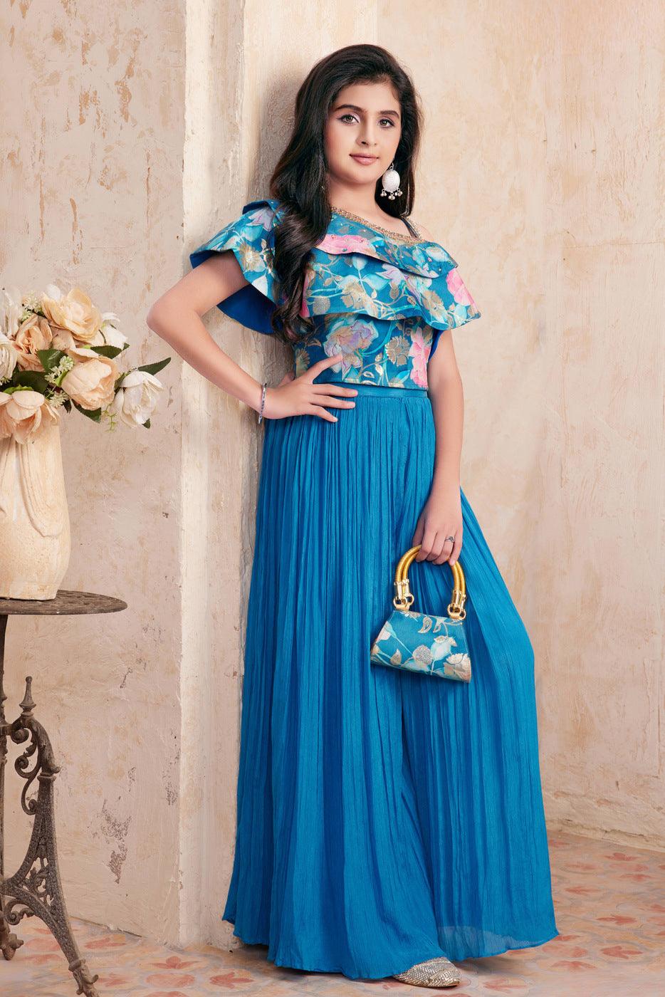 Blue Zari, Mirror, Zardozi and Stone work with Floral Print Palazzo Suit Set For Girls - Seasons Chennai