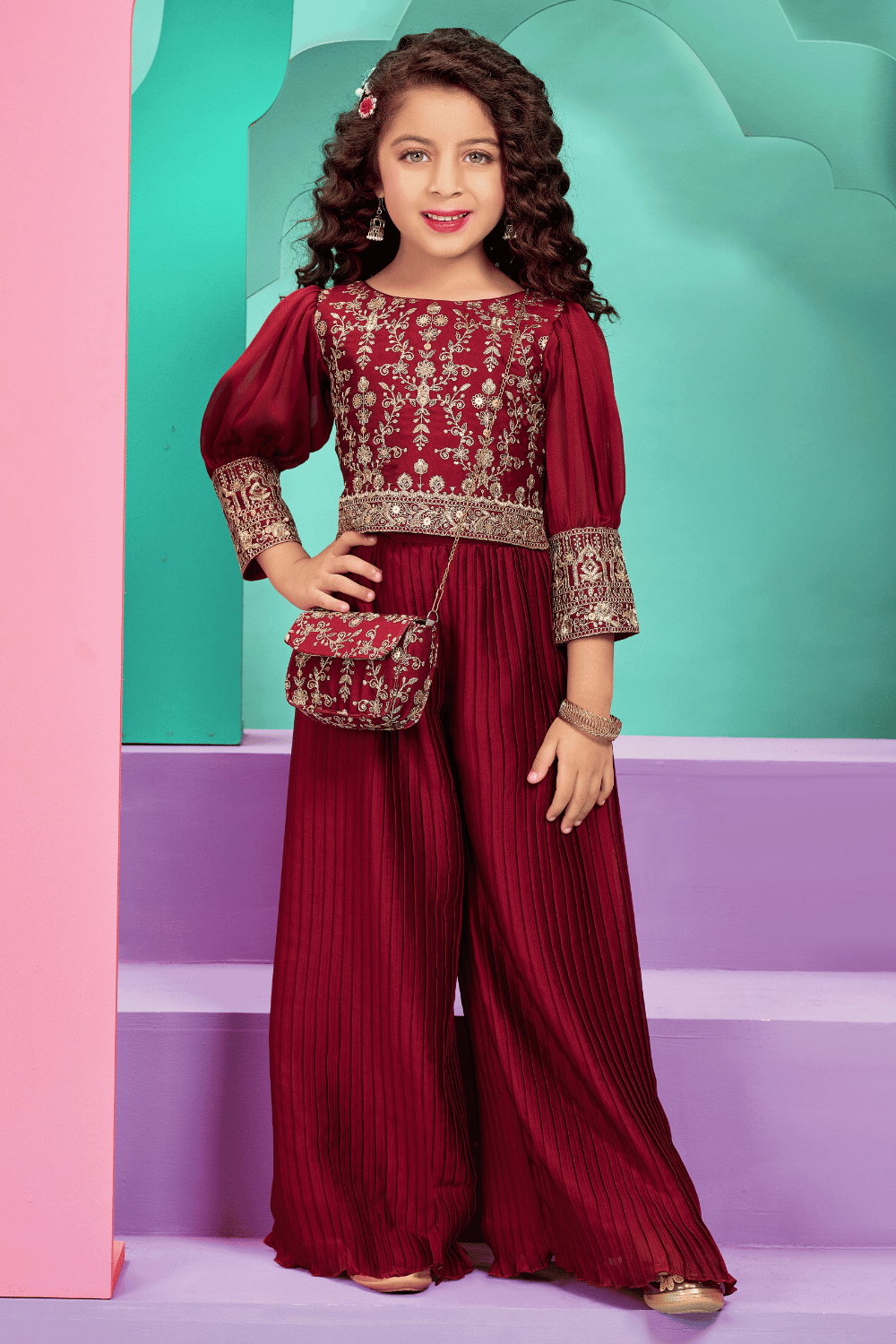 Maroon Zari and Sequins work with Bag Palazzo Suit Set For Girls - Seasons Chennai