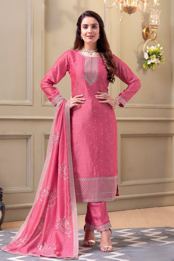 Pink Zari, Thread and Sequins work Straight Cut Salwar Suit