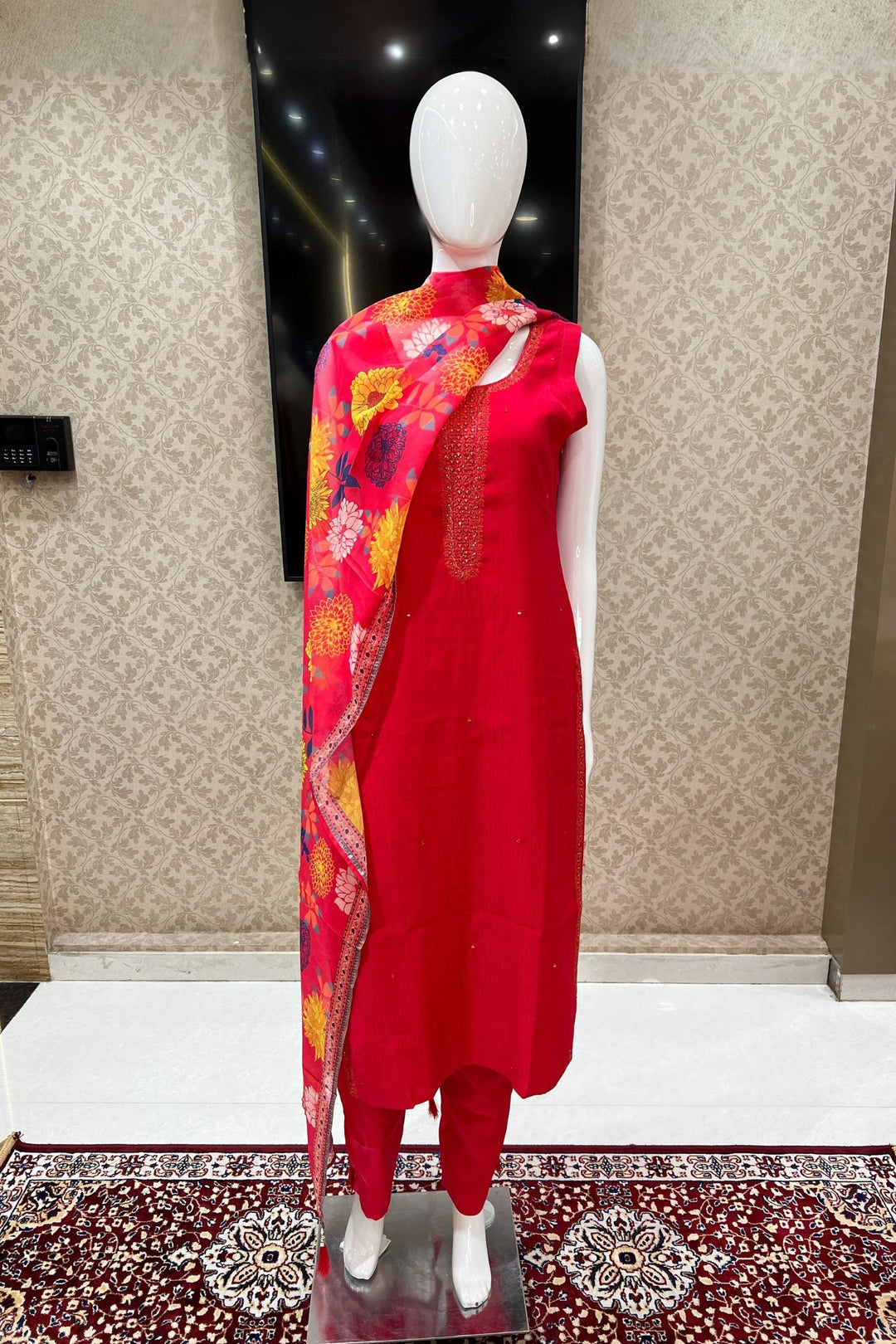 Red Stone, Thread and Mirror work Straight Cut Salwar Suit with Floral Print Dupatta