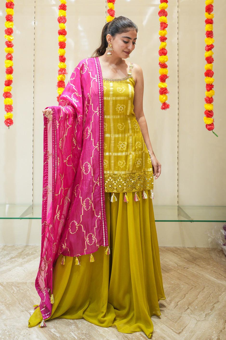 Green Bandini Print, Stone, Zardozi, Pearl and Mirror work Palazzo Salwar Suit - Seasons Chennai