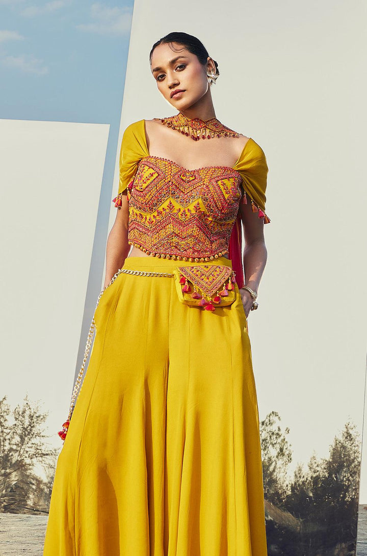 Yellow Stone, Beads and Multicolor Thread work Crop Top with Palazzo Pant - Seasons Chennai