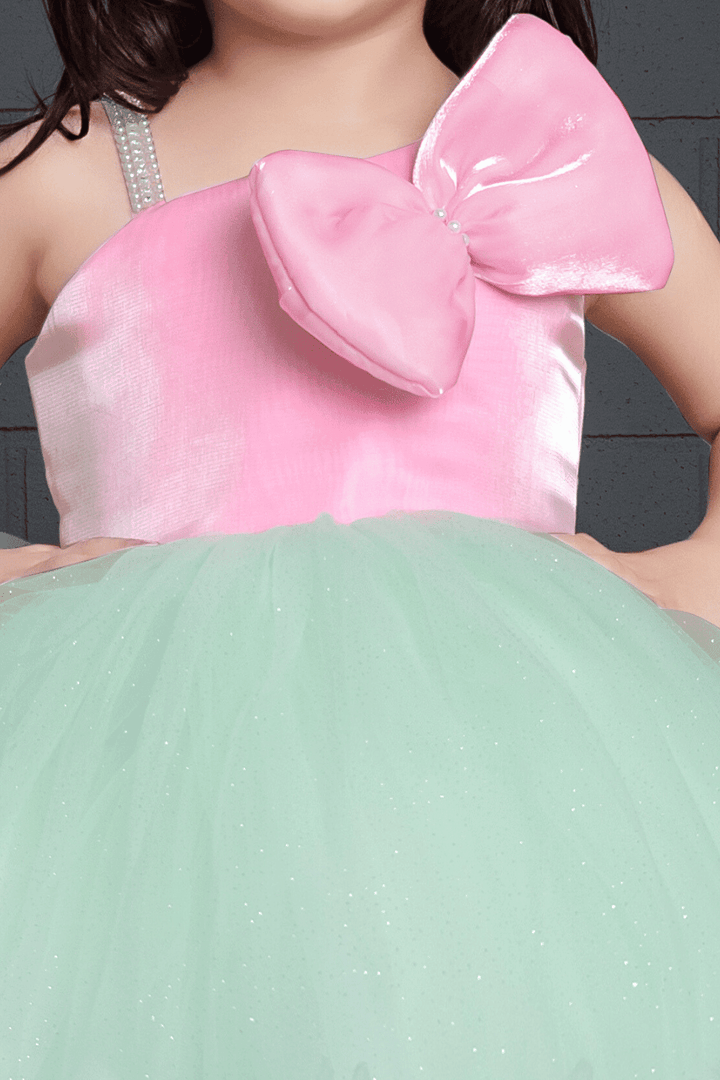 Pink with Sea Green Pearl and Glitter work Knee Length Ball Frock for Girls - Seasons Chennai